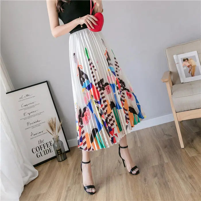 Women’s Cartoon Print Pleated Skirt – High Waist Big Swing Skirt