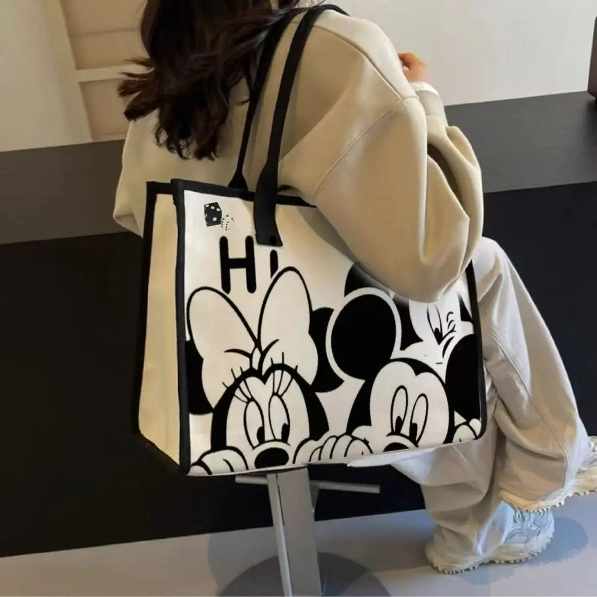 Disney Mickey & Minnie Canvas Tote – Large Capacity Graffiti Style Shoulder Bag for Daily & Student Use