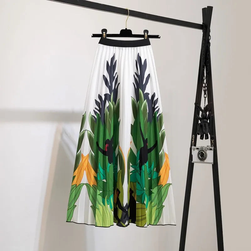 Women’s Cartoon Print Pleated Skirt – High Waist Big Swing Skirt