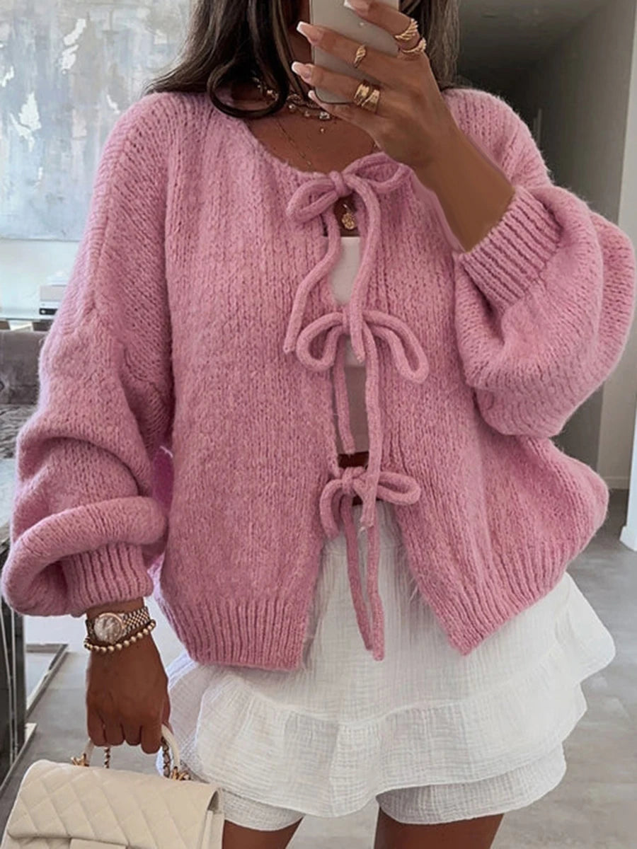 Knitted Bow-Tie Front Oversized Cardigan