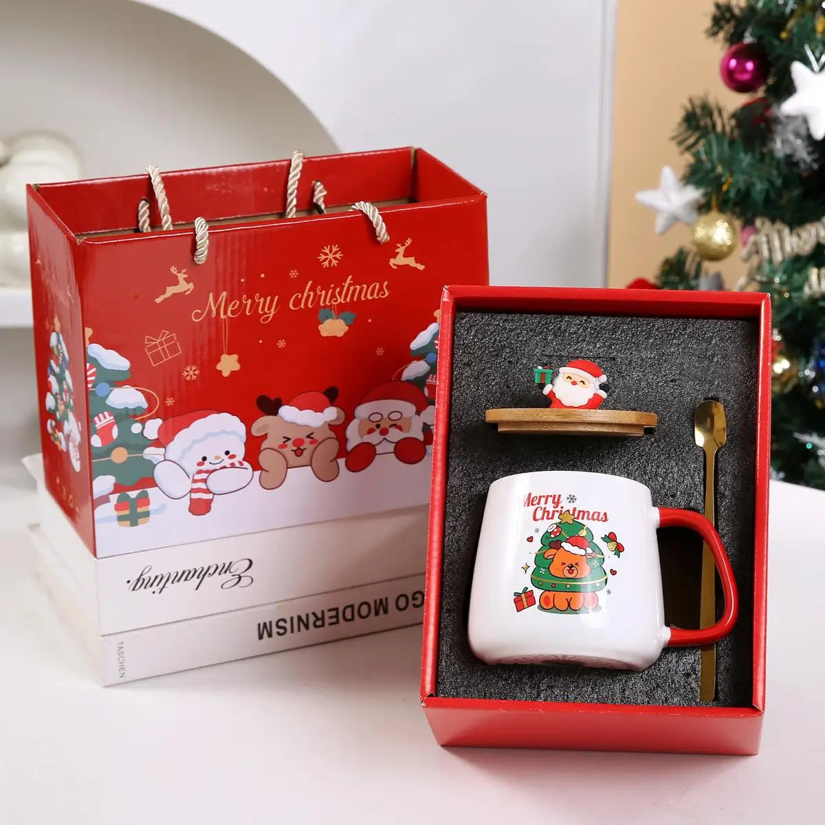 Christmas Ceramic Mug Set with Lid & Spoon – Holiday Edition