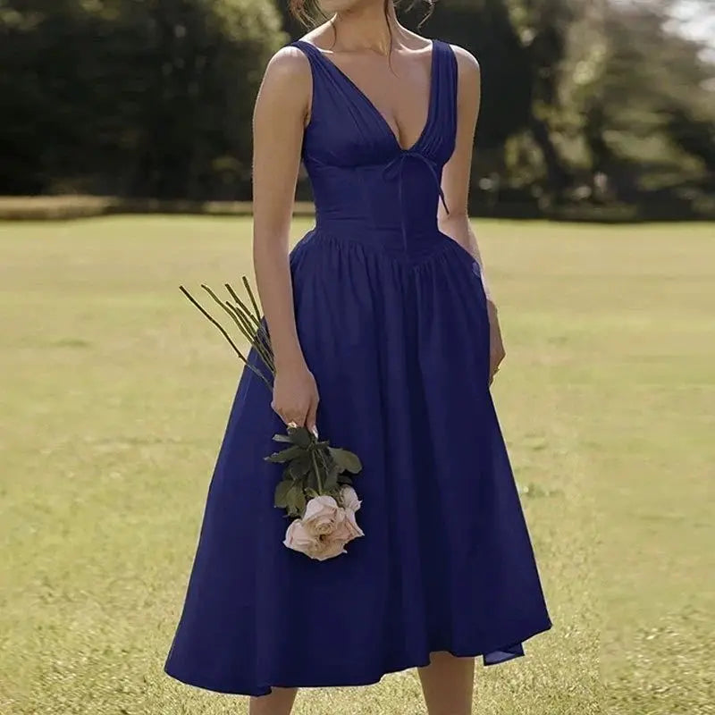 Floral V-Neck Pleated Midi Dress