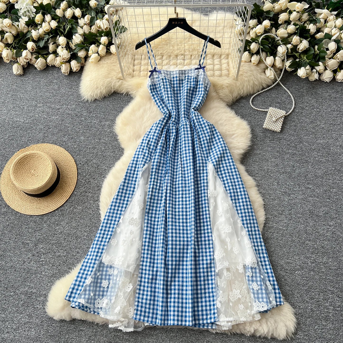 Blue Plaid Lace-Trim Vintage Sundress