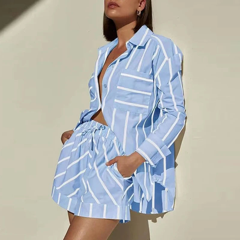 Striped Button-Up Shirt and Shorts Set