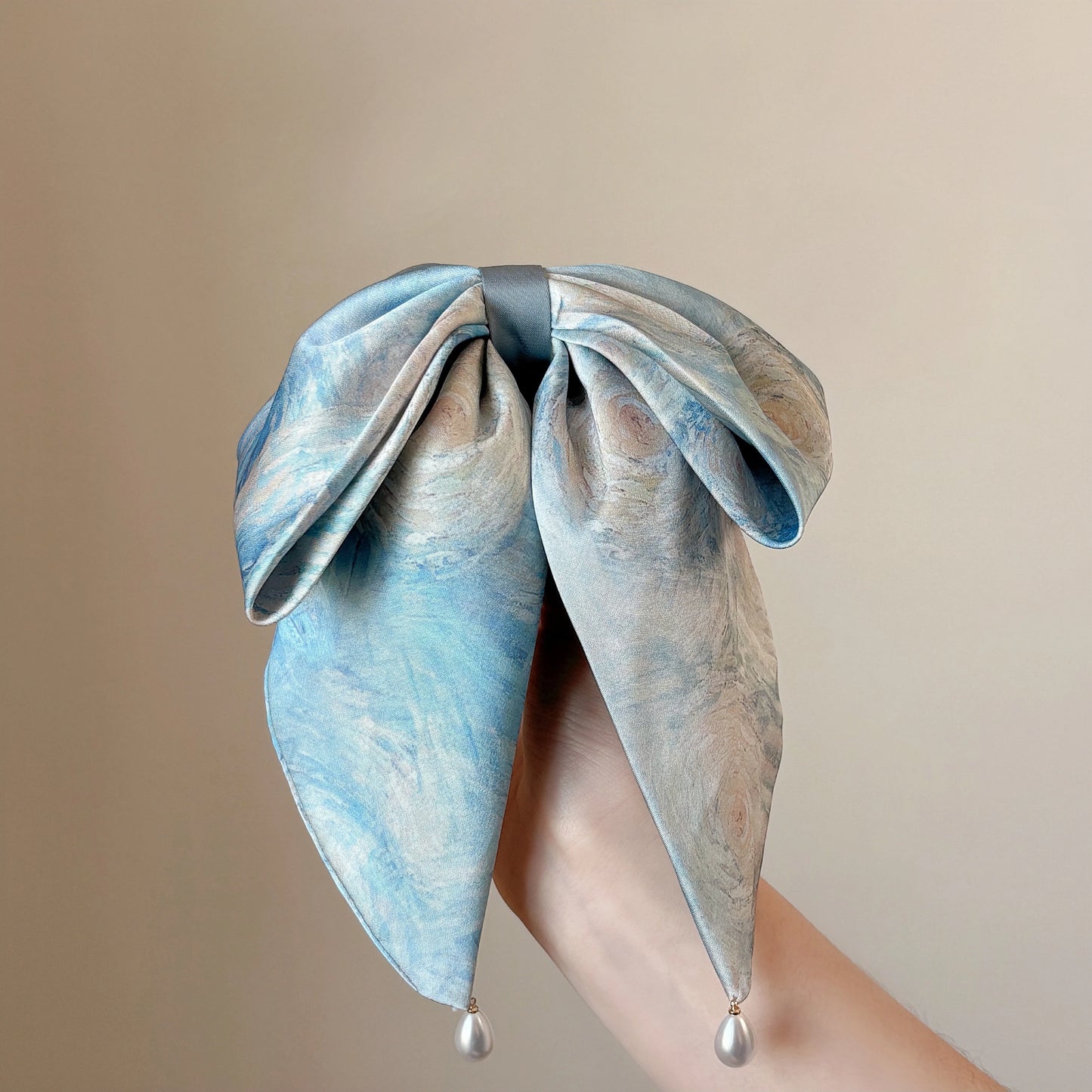 Elegant Blue Satin Bow Hair Scrunchie – Floral Oil Painting Design