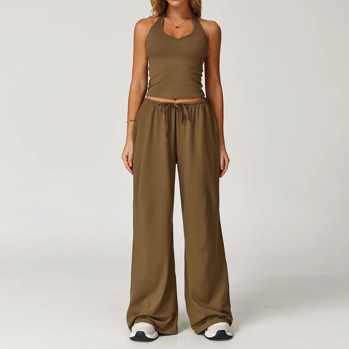 2PCS Women's Yoga Set – Strappy Top with High-Waisted Wide-Leg Pants
