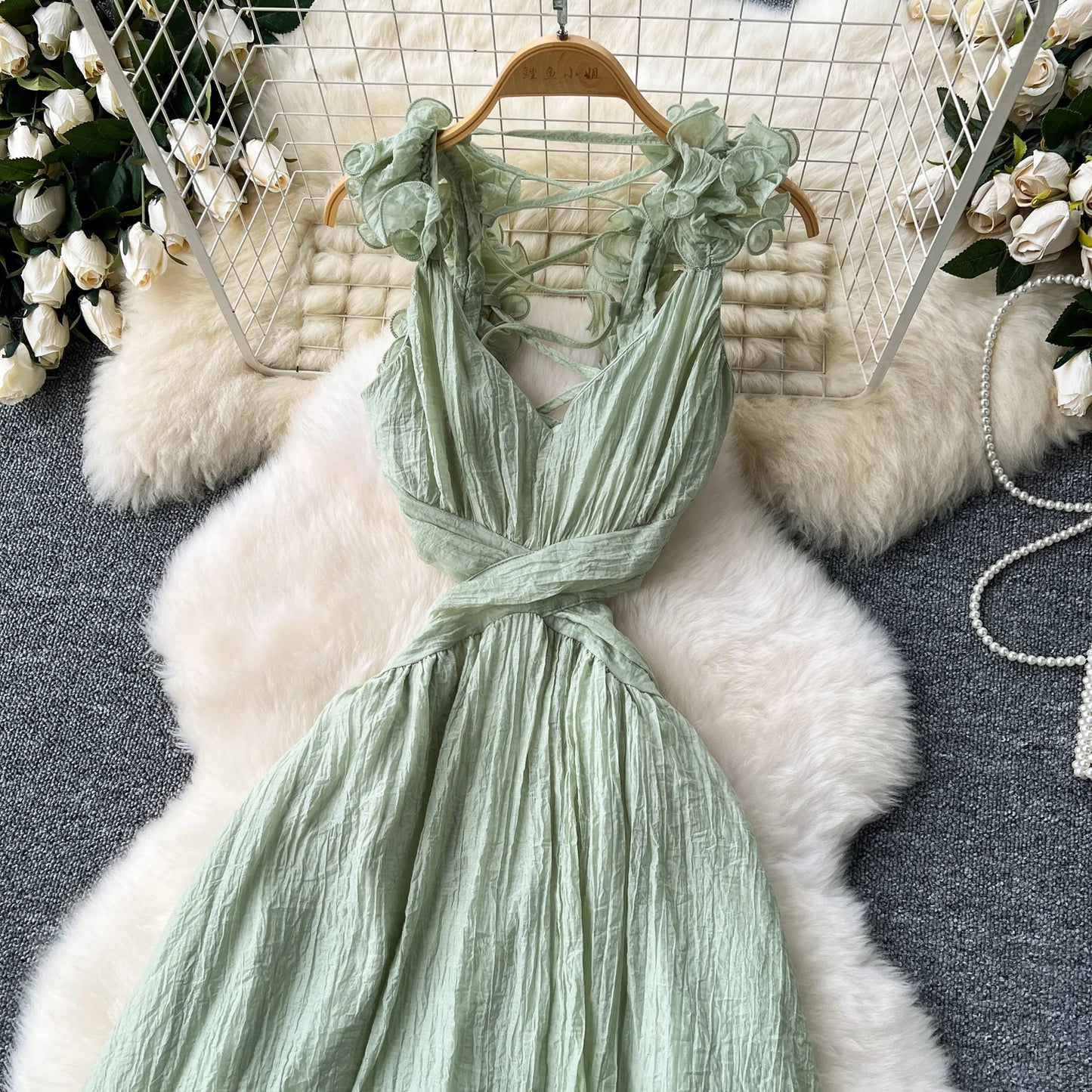 3D Floral Hollow Out Pleated Maxi Dress – Backless Vacation Beach Party Dress