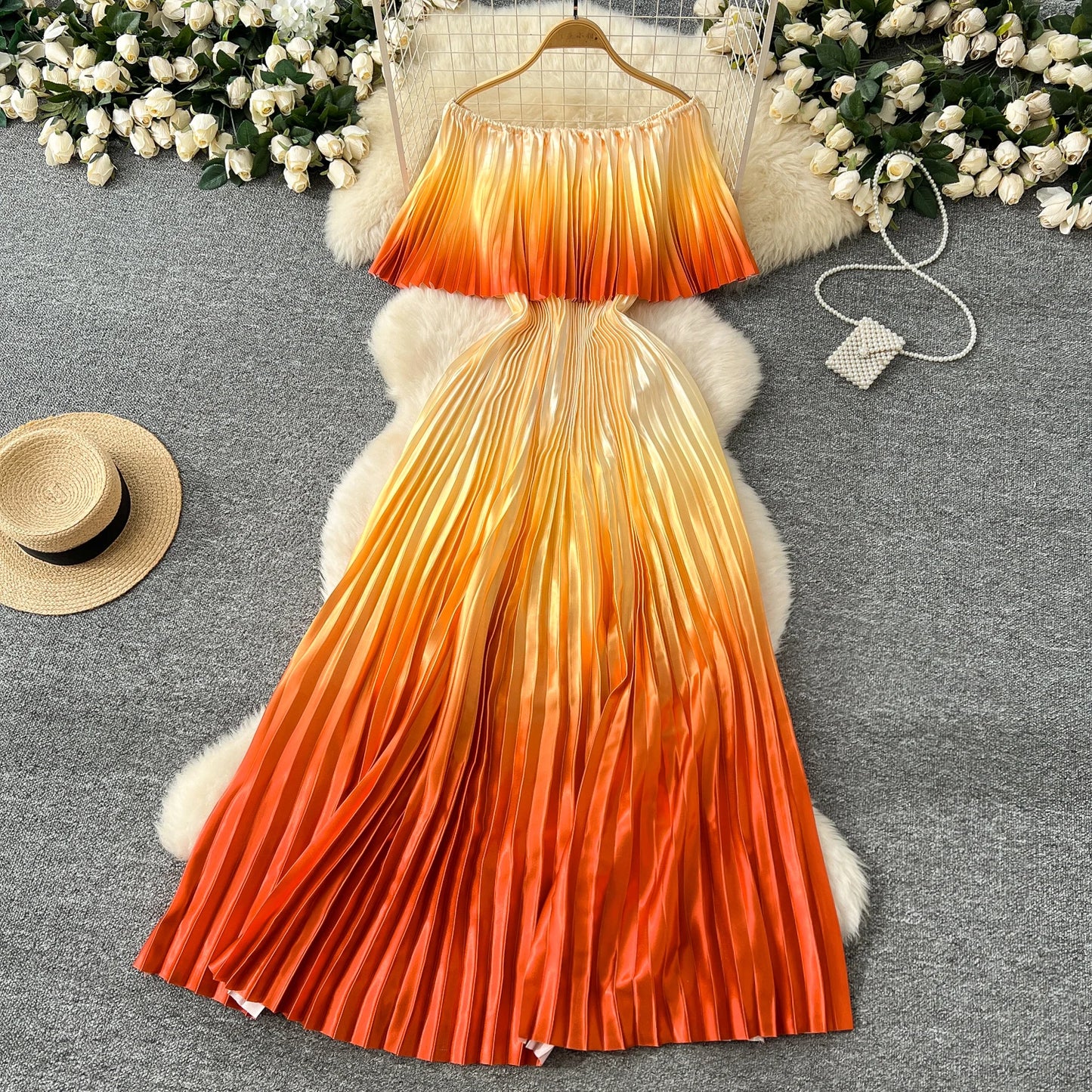 Gradient Pleated Maxi Dress – Off Shoulder Vacation Style