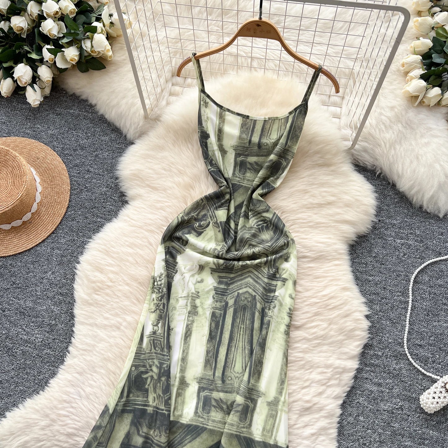 French Print Fishtail Sheath Dress with Spaghetti Straps
