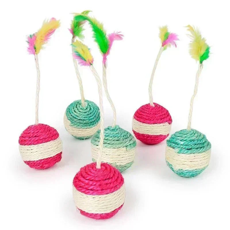 Interactive Sisal Ball Cat Toy with Feathers