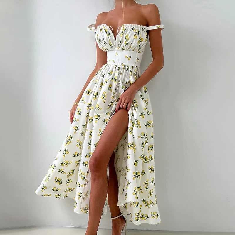 Printed Long Summer Dress with Slit and Spaghetti Straps