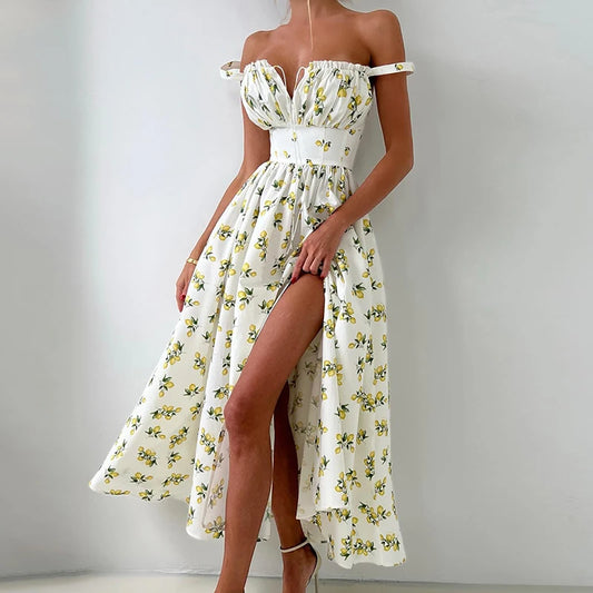 Printed Long Summer Dress with Slit and Spaghetti Straps
