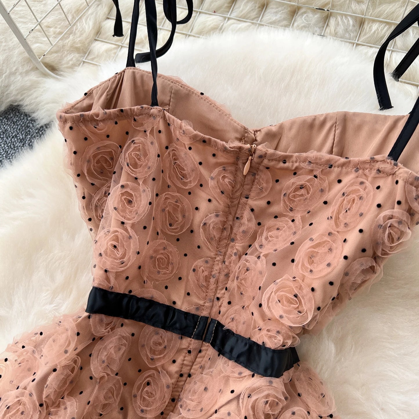3D Roses Mesh Strap Dress – Backless Irregular Elegant Evening Long Dress