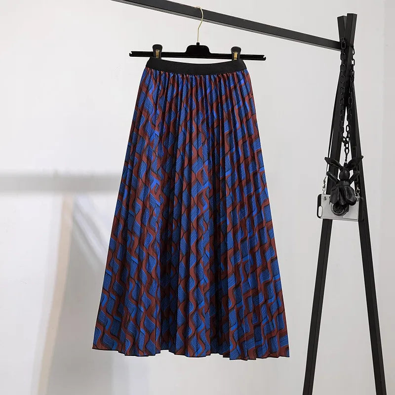 Women’s Cartoon Print Pleated Skirt – High Waist Big Swing Skirt
