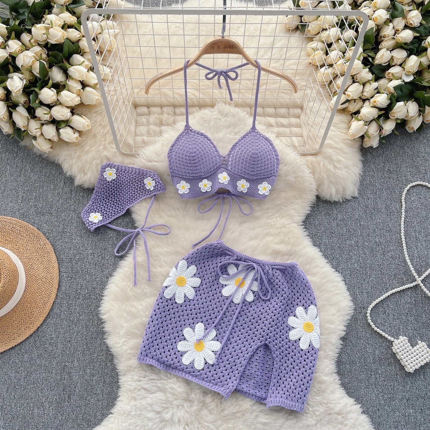 Korean Style Hollow Crochet 2-Piece Set – Halter Tie Front Top + Drawstring Split Mini Skirt with Flowers