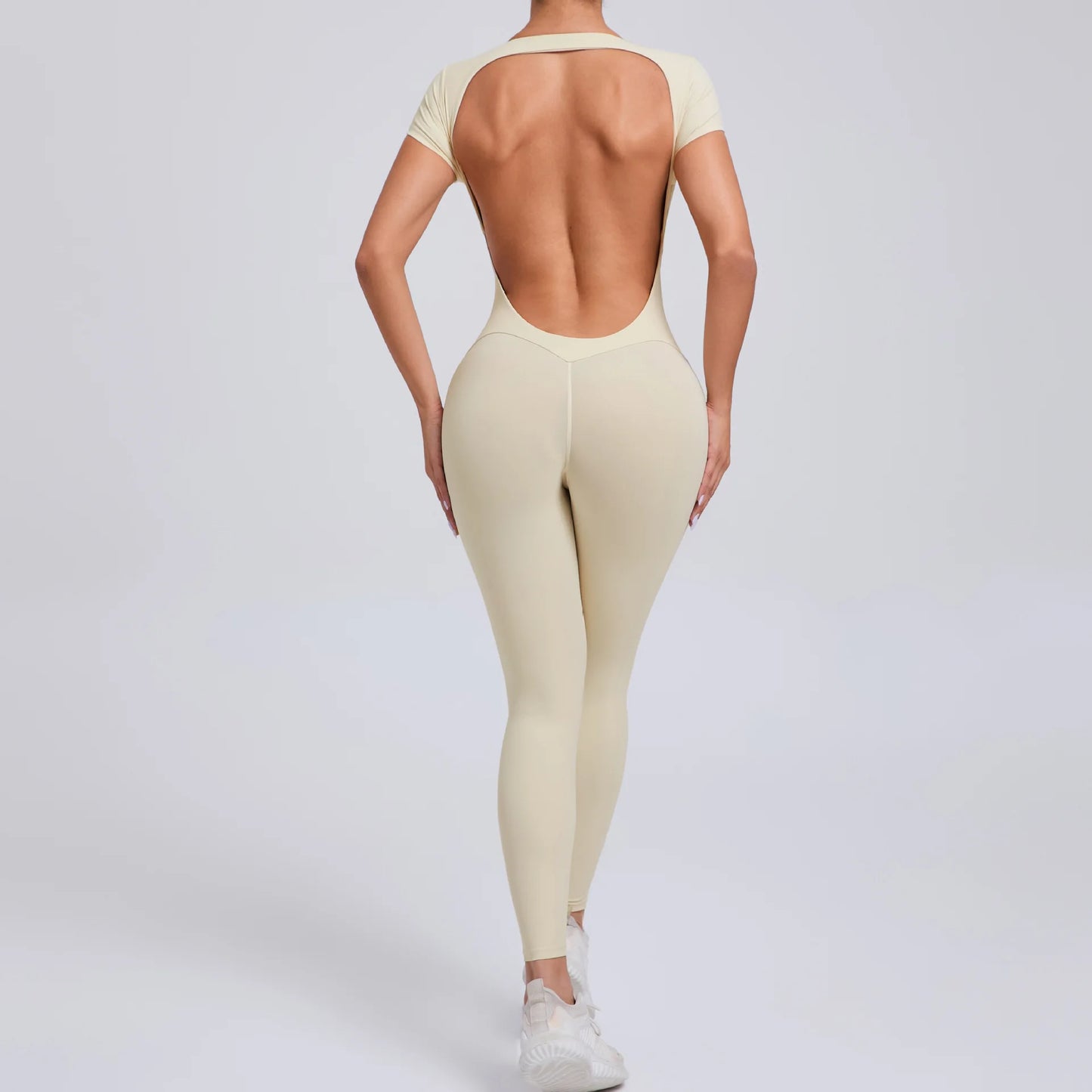 Women's Short Sleeve One-Piece Yoga Jumpsuit – Open Back Fitness Bodysuit
