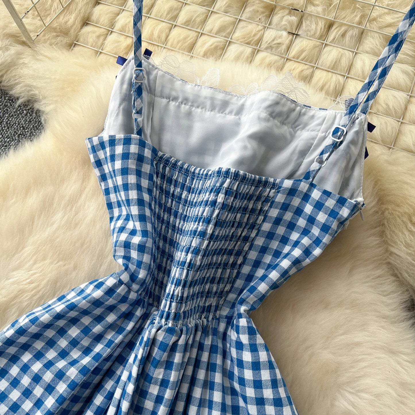 Blue Plaid Lace-Trim Vintage Sundress