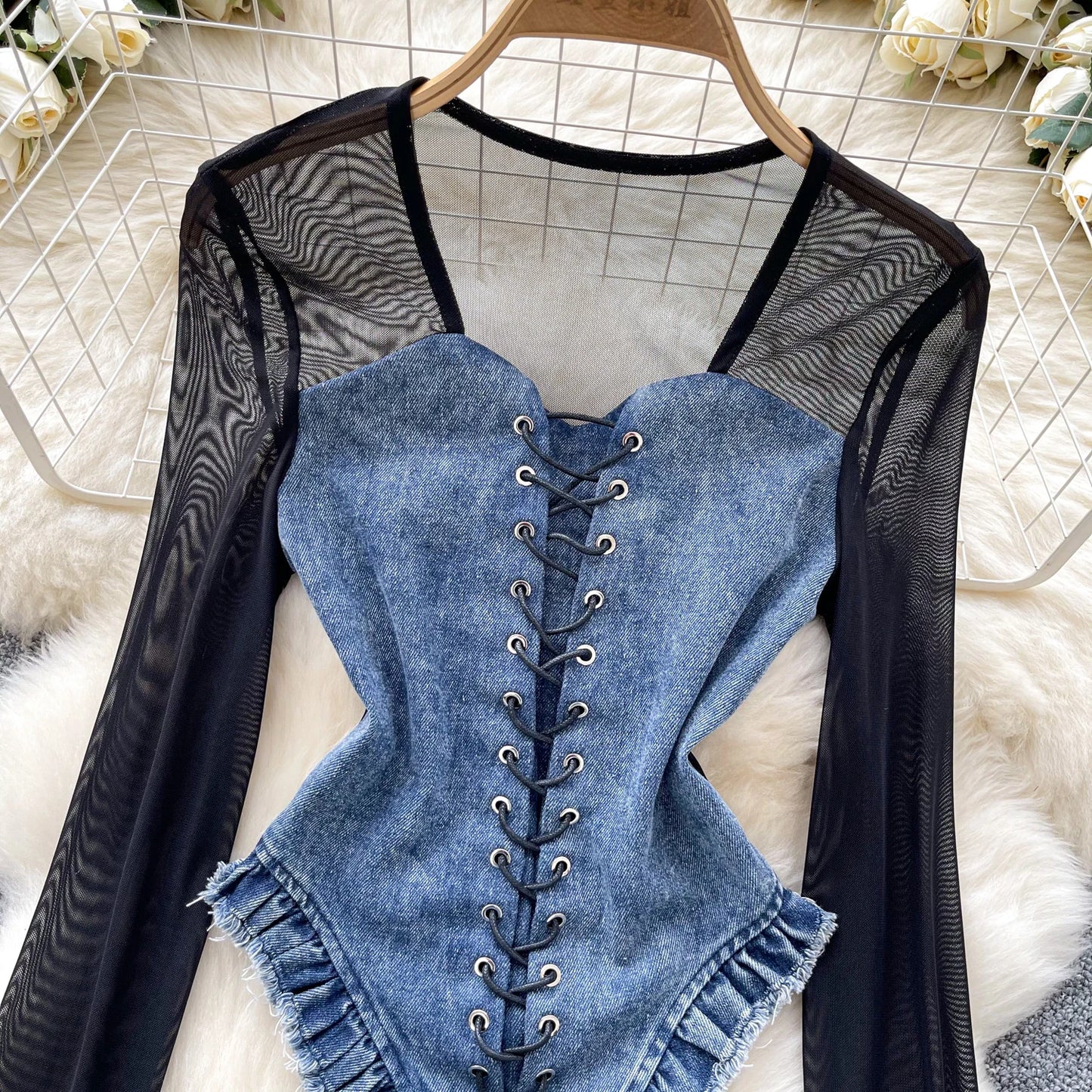 Women's Denim Corset Blouse with Sheer Long Sleeves – Patchwork Style