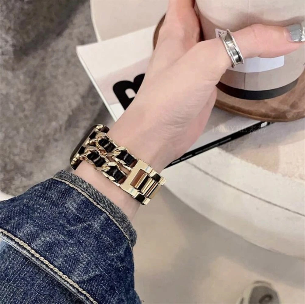 Luxury Leather & Chain Apple Watch Band – Adjustable Black Gold Strap
