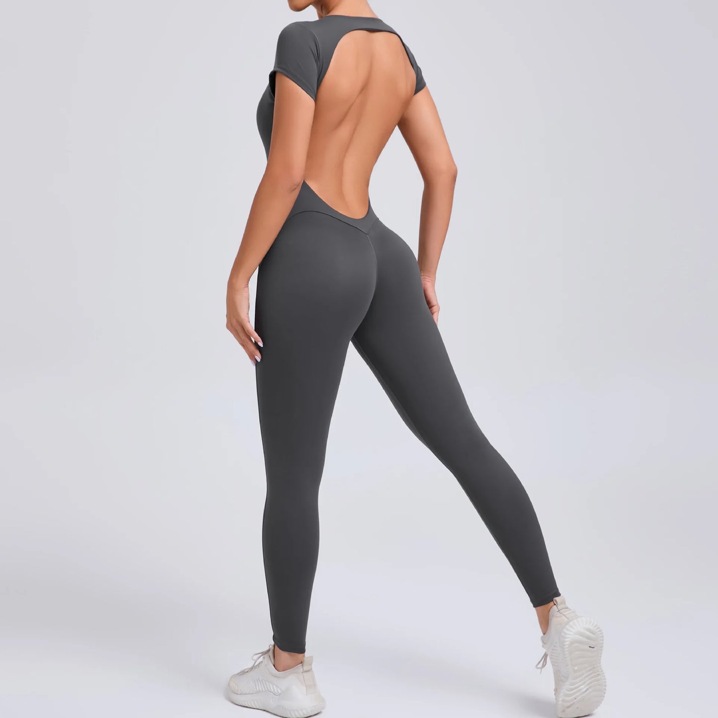 Women's Short Sleeve One-Piece Yoga Jumpsuit – Open Back Fitness Bodysuit