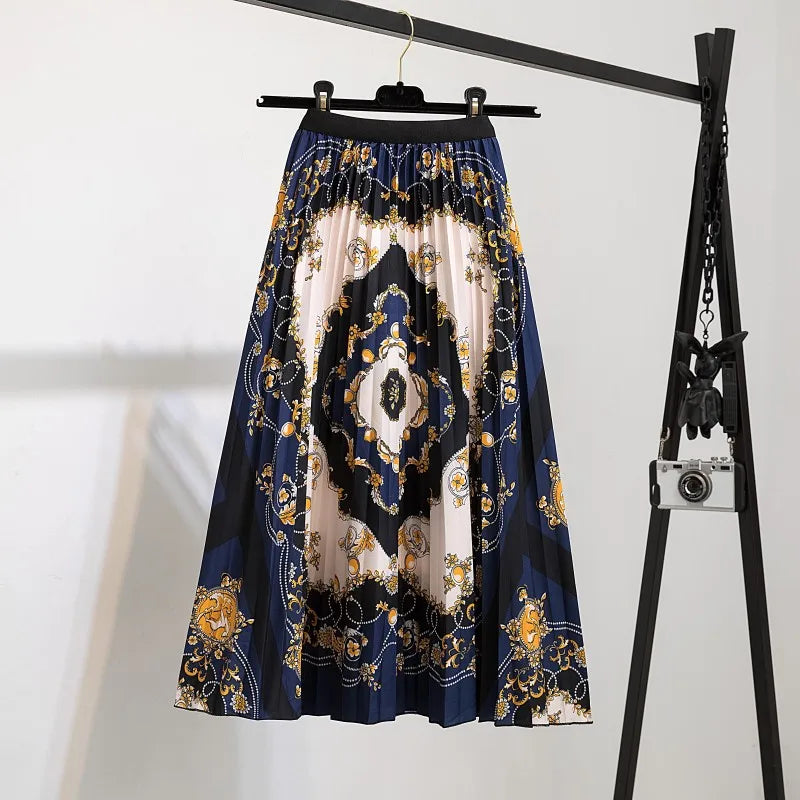 Women’s Cartoon Print Pleated Skirt – High Waist Big Swing Skirt