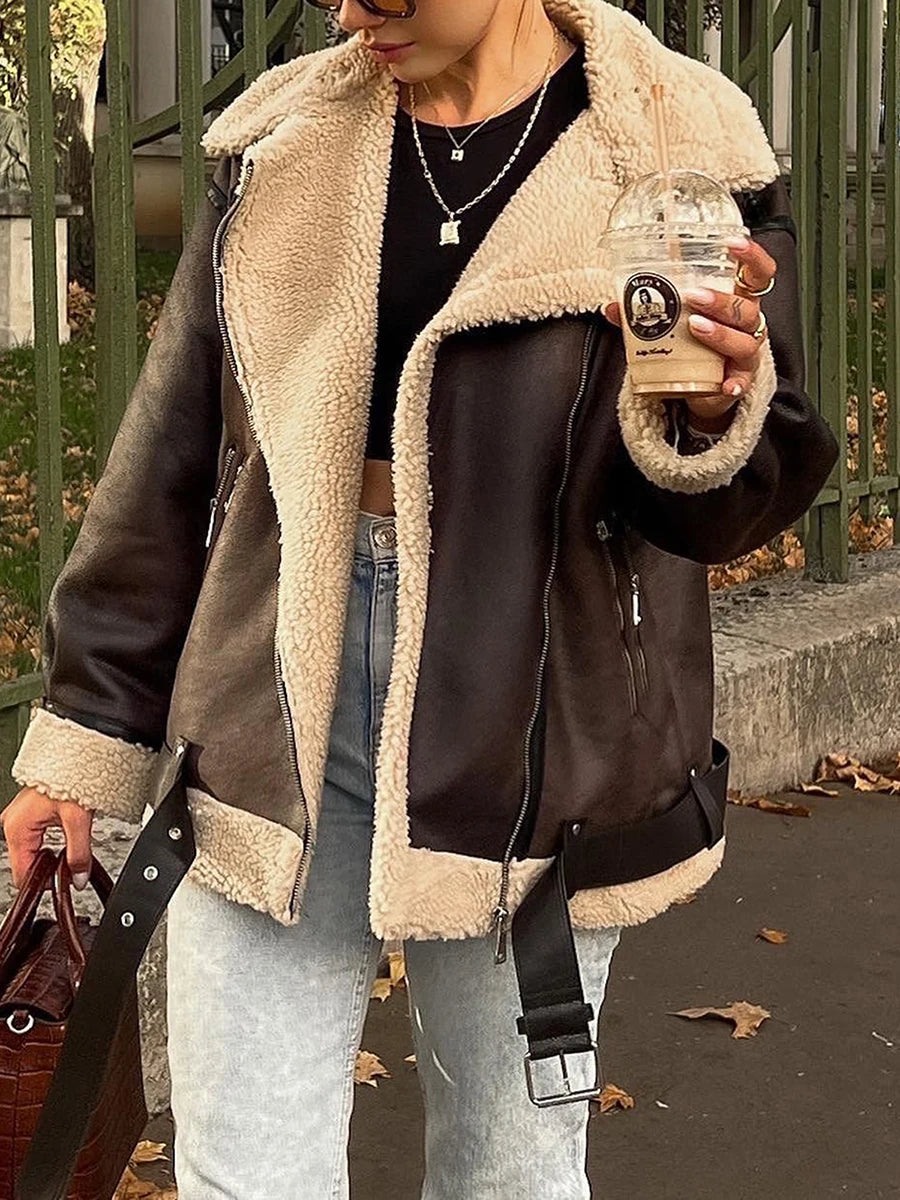 Faux Suede Aviator Jacket with Fur Lining