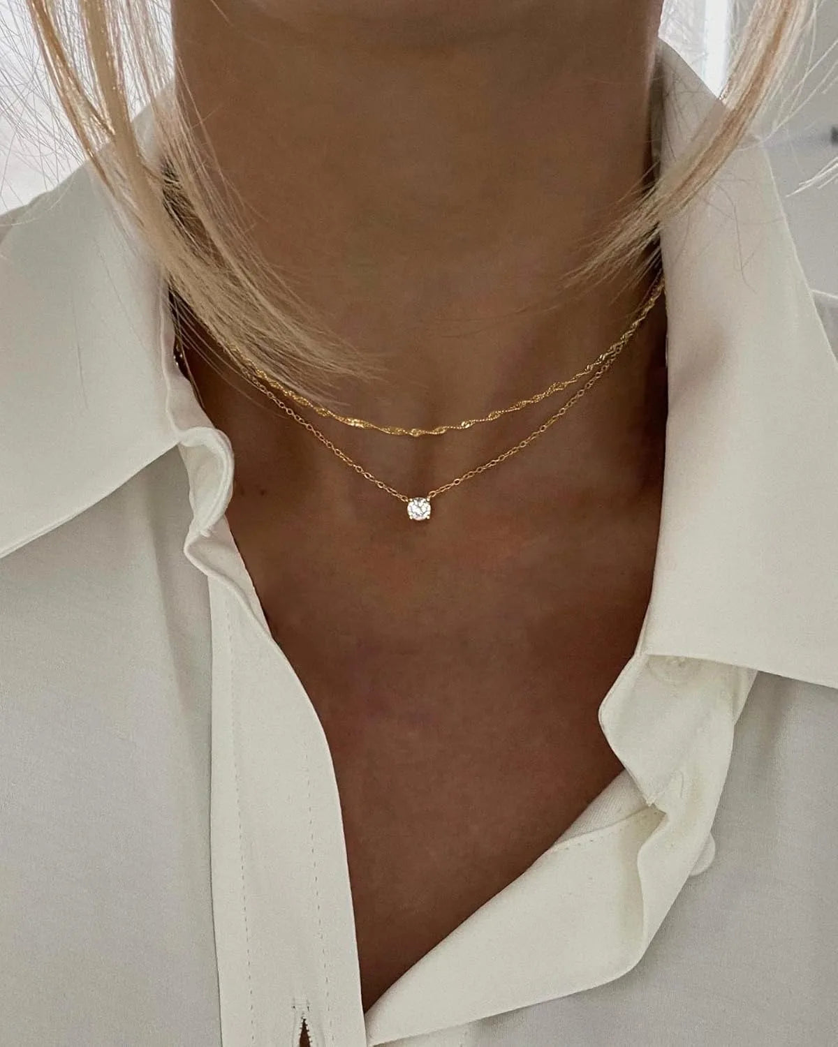 Minimalist Gold Layered Necklace with Crystal Pendant