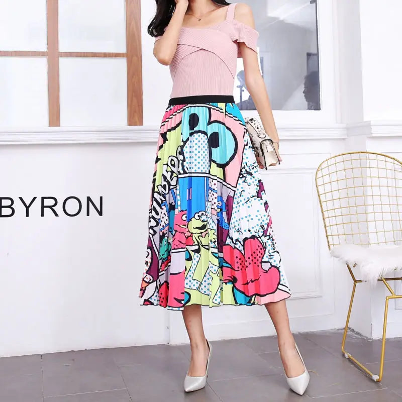 Women’s Cartoon Print Pleated Skirt – High Waist Big Swing Skirt