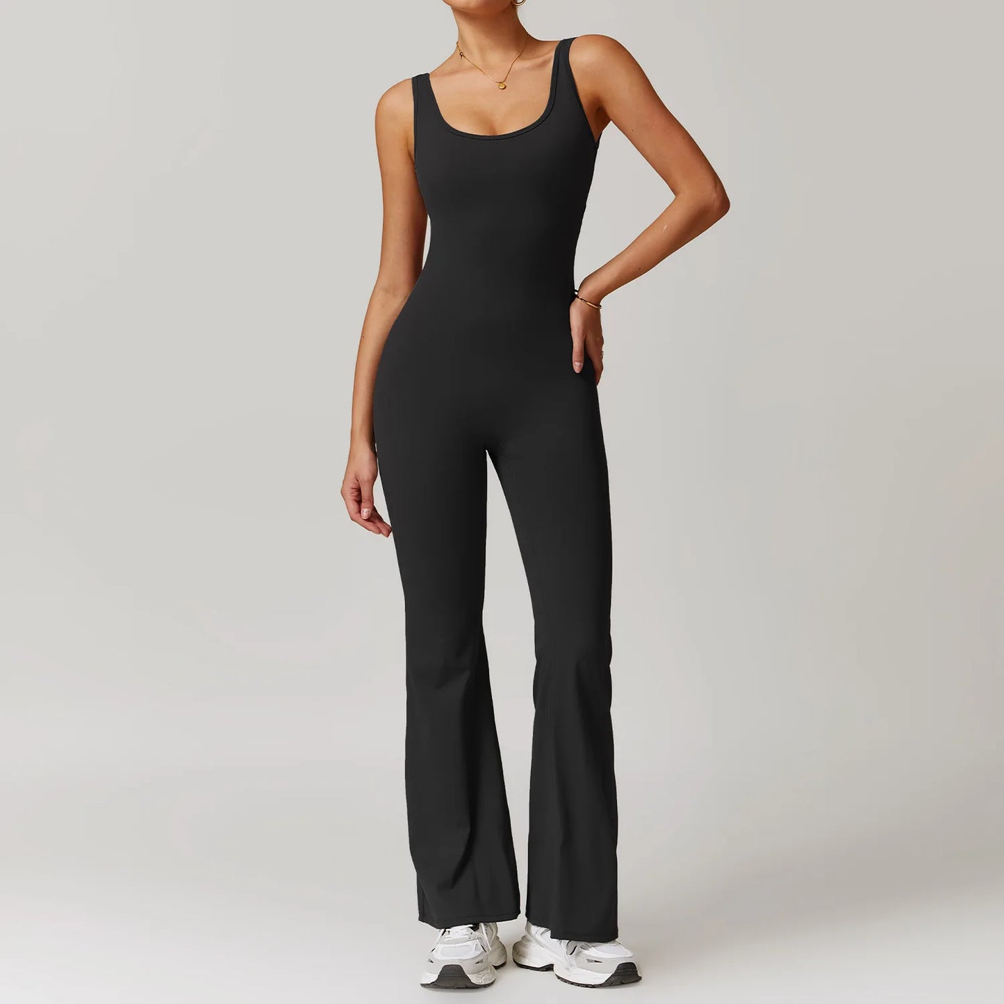 Women's V-Back Pocket Jumpsuit – Flared Leg Fitness Bodysuit