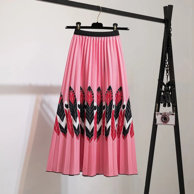 Women’s Cartoon Print Pleated Skirt – High Waist Big Swing Skirt