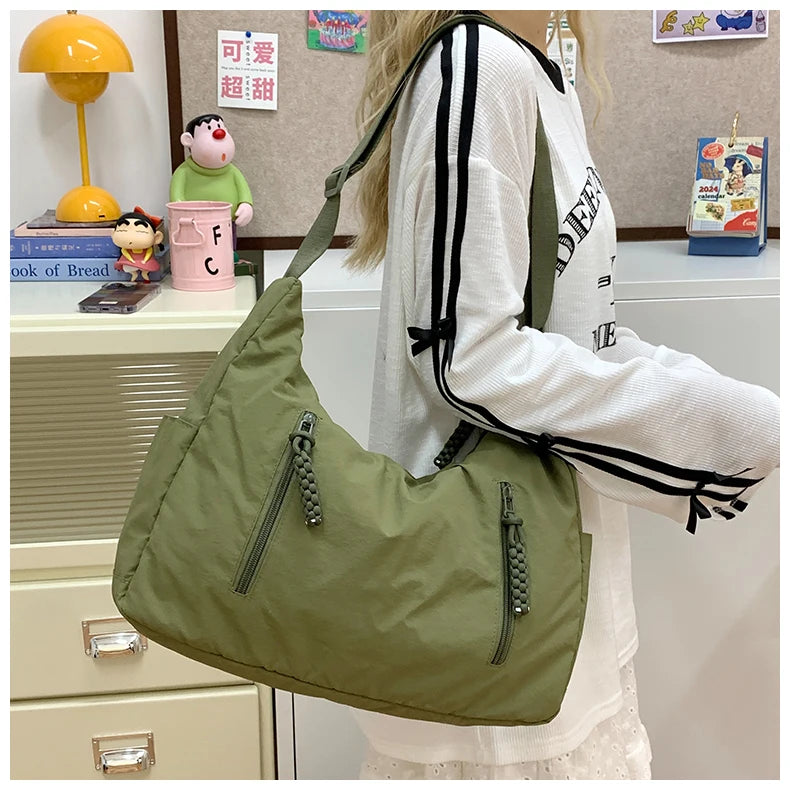 Trendy Women’s Large Crossbody Fabric Bag – Solid Color Student Style Shoulder Tote