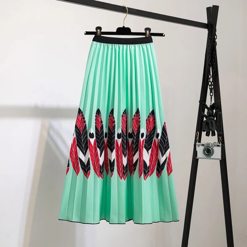 Women’s Cartoon Print Pleated Skirt – High Waist Big Swing Skirt