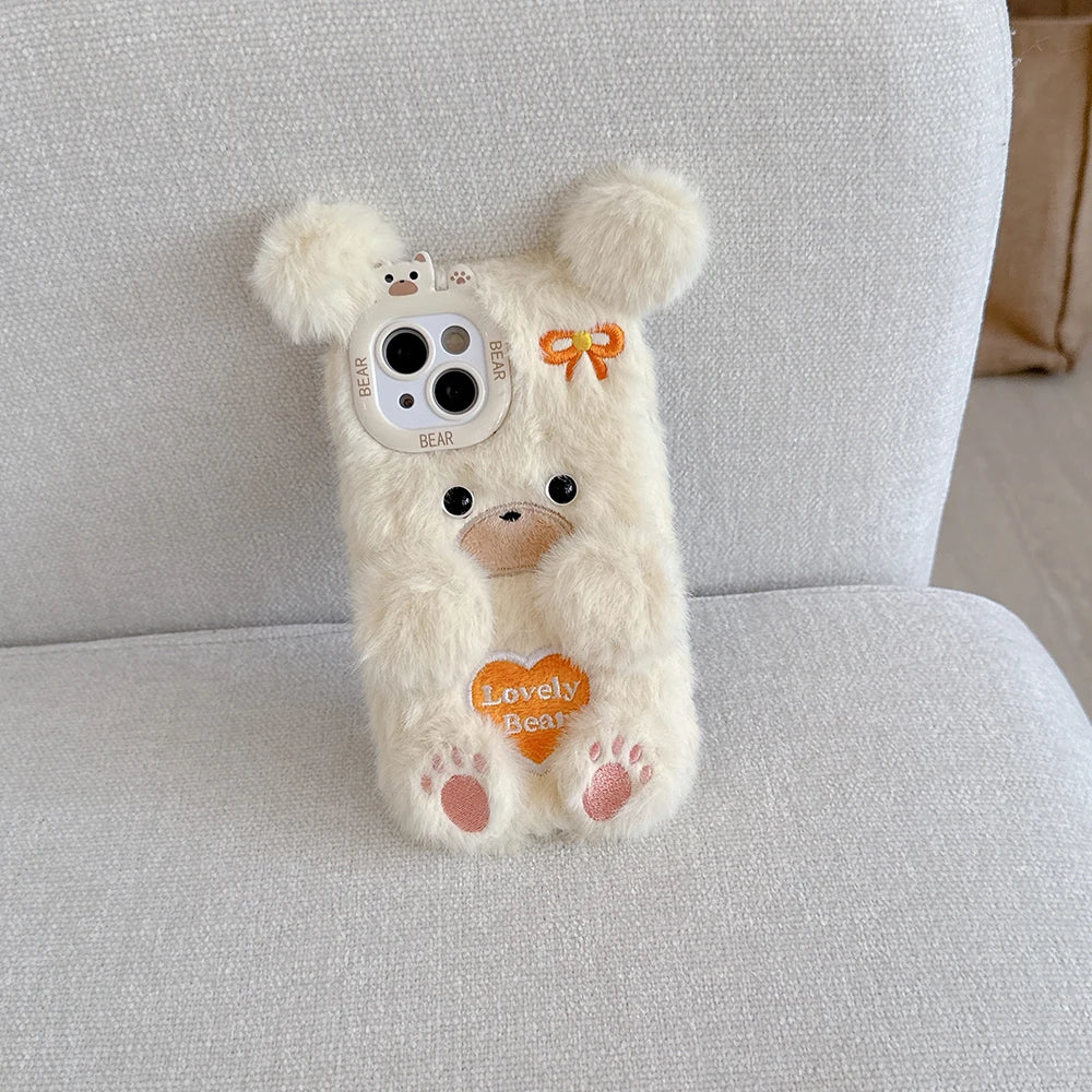 Funny Cat or Bear Furry Soft Plush Phone Case – For iPhone 11 to 16 Pro Max