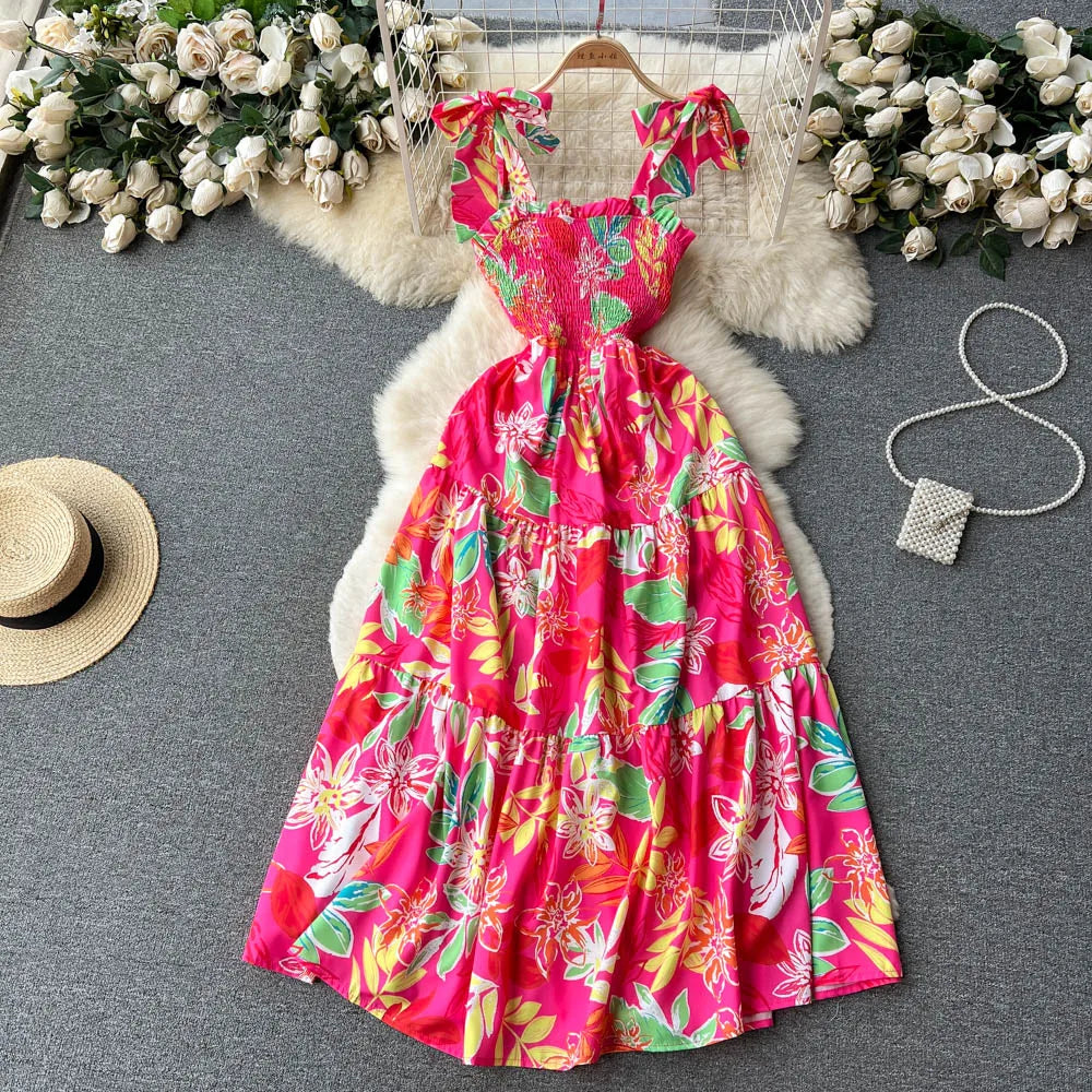 Summer Vacation Spaghetti Strap Floral Sundress – Sleeveless Ruched Backless Maxi Dress