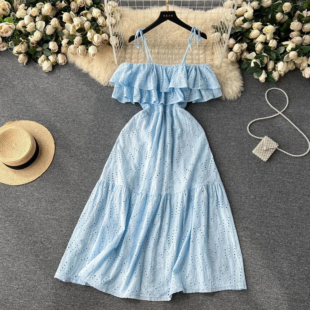 High Street Cotton Embroidery Off-Shoulder Backless Beach Dress – Long Summer Sundress