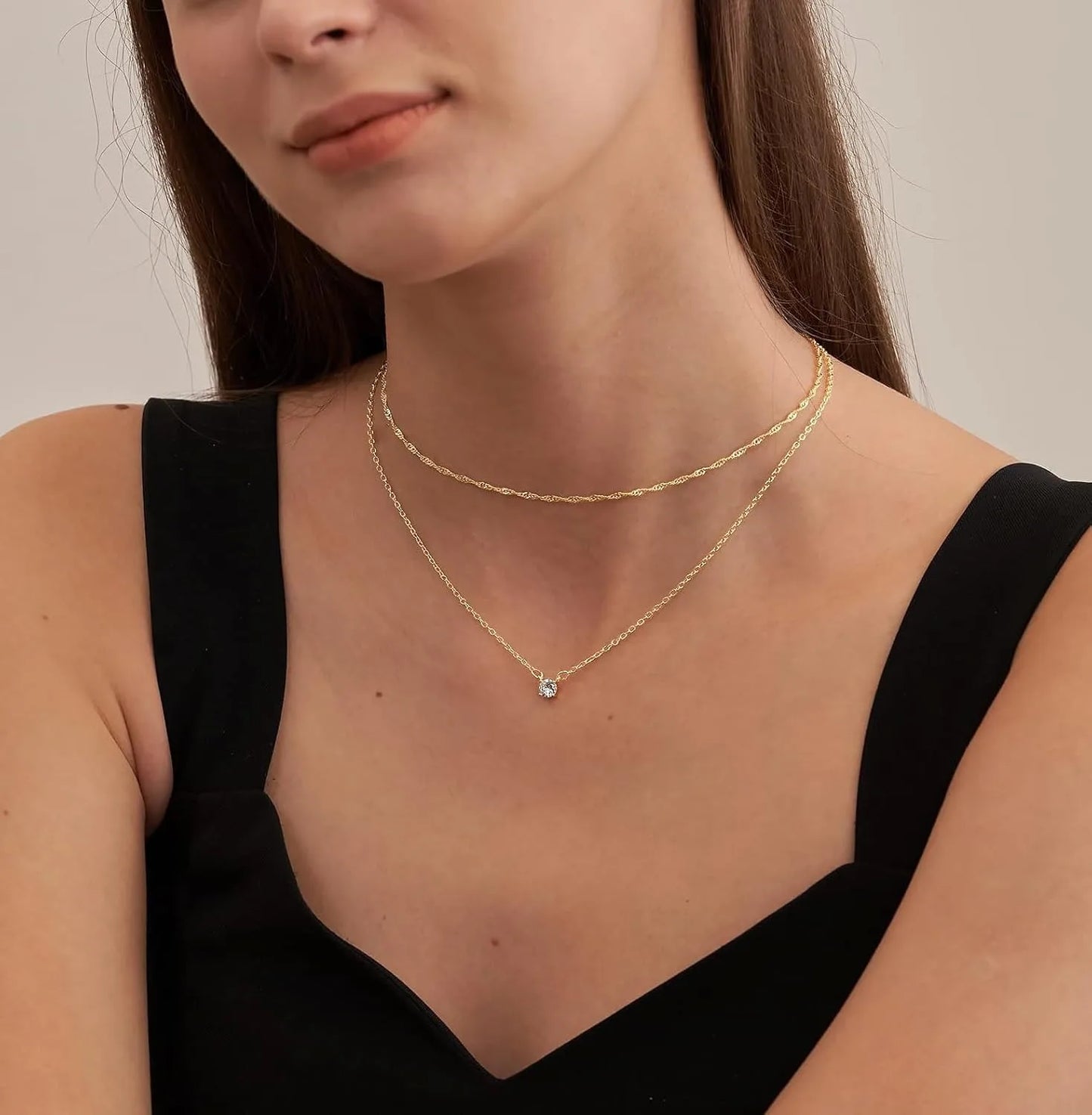 Minimalist Gold Layered Necklace with Crystal Pendant