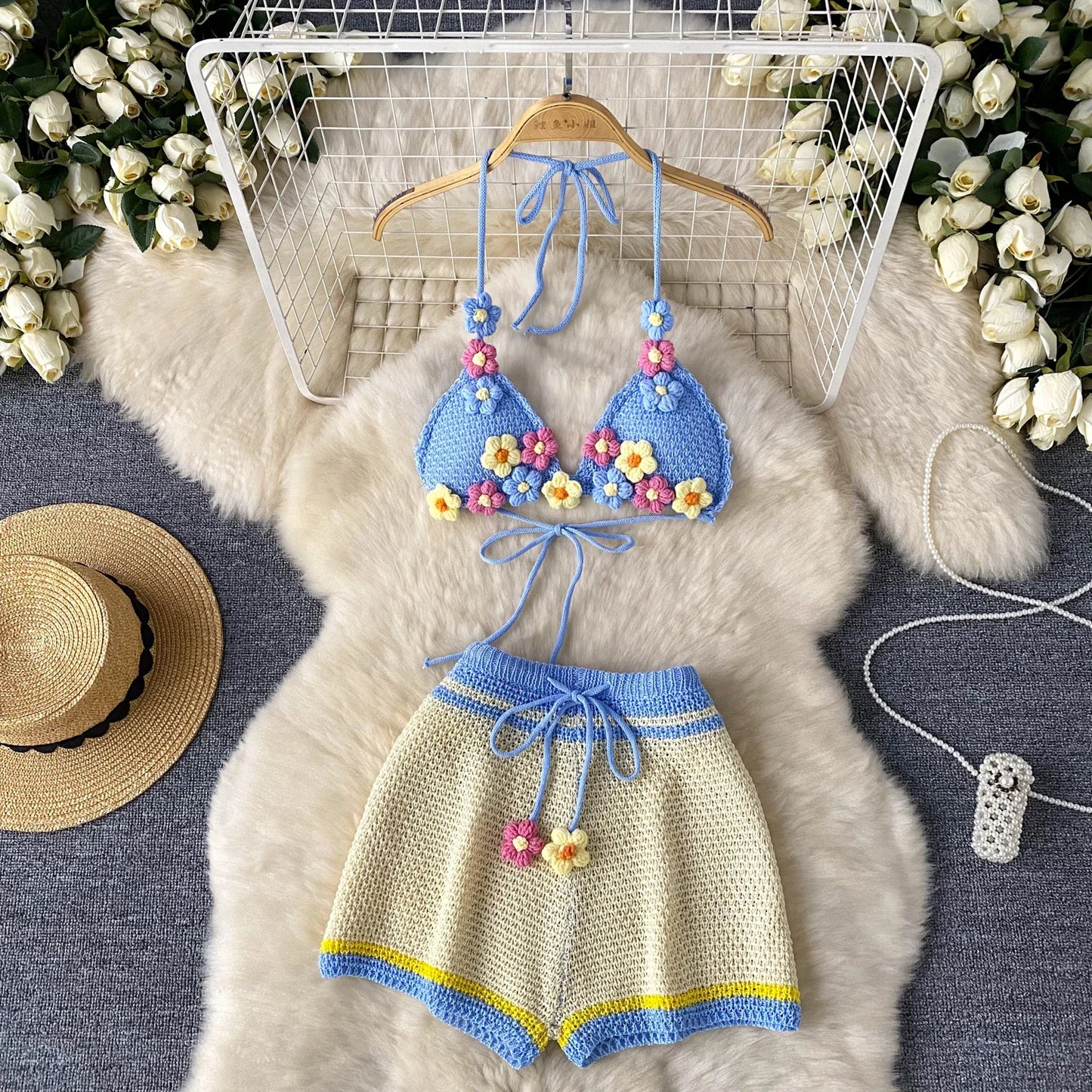 3D Floral Crochet Summer Set – Halter Bra Top + Wide-Leg Shorts