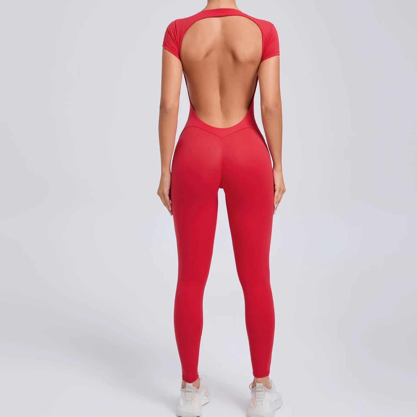 Women's Short Sleeve One-Piece Yoga Jumpsuit – Open Back Fitness Bodysuit
