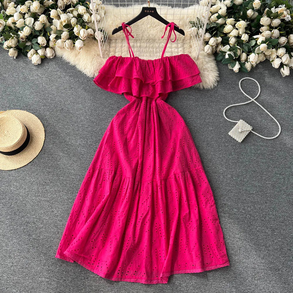 High Street Cotton Embroidery Off-Shoulder Backless Beach Dress – Long Summer Sundress