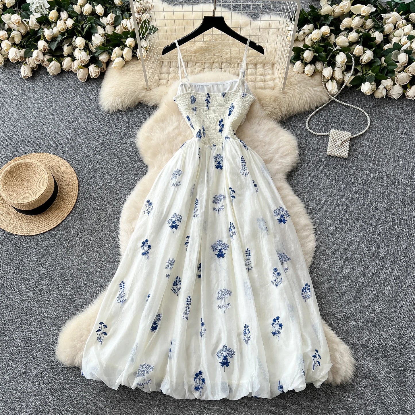 Summer Embroidered Ruched Long Dress