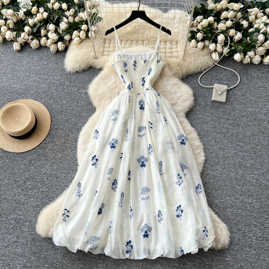 Summer Embroidered Ruched Long Dress
