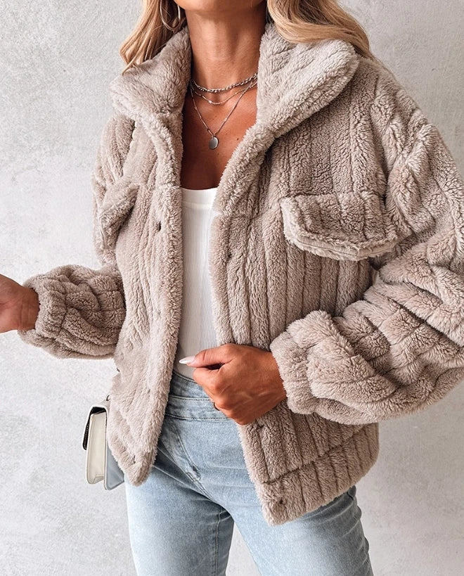 Checkered Fleece Button-Up Teddy Jacket
