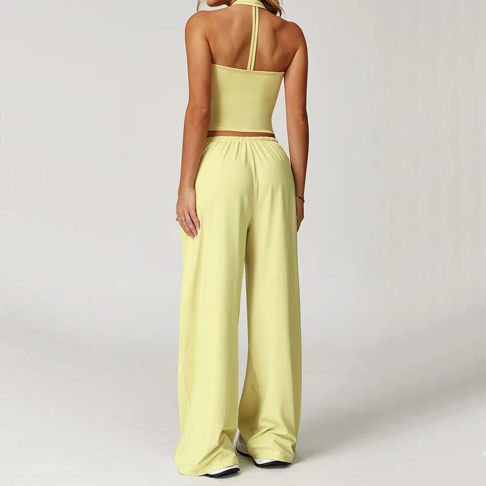 2PCS Women's Yoga Set – Strappy Top with High-Waisted Wide-Leg Pants