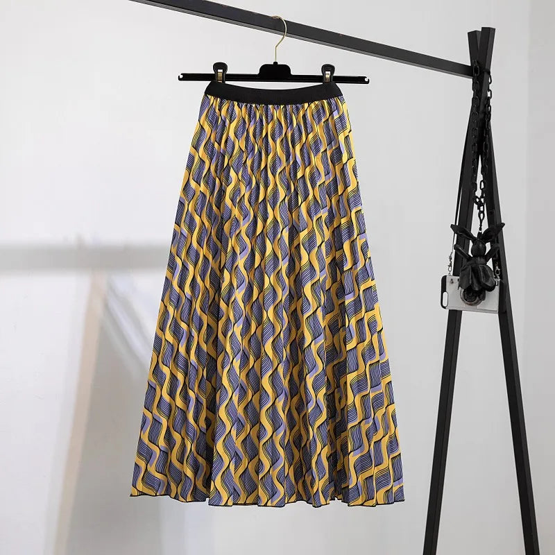 Women’s Cartoon Print Pleated Skirt – High Waist Big Swing Skirt