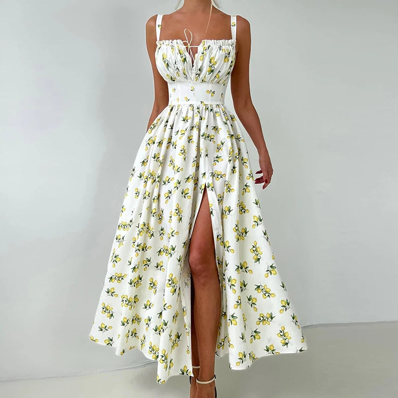 Printed Long Summer Dress with Slit and Spaghetti Straps
