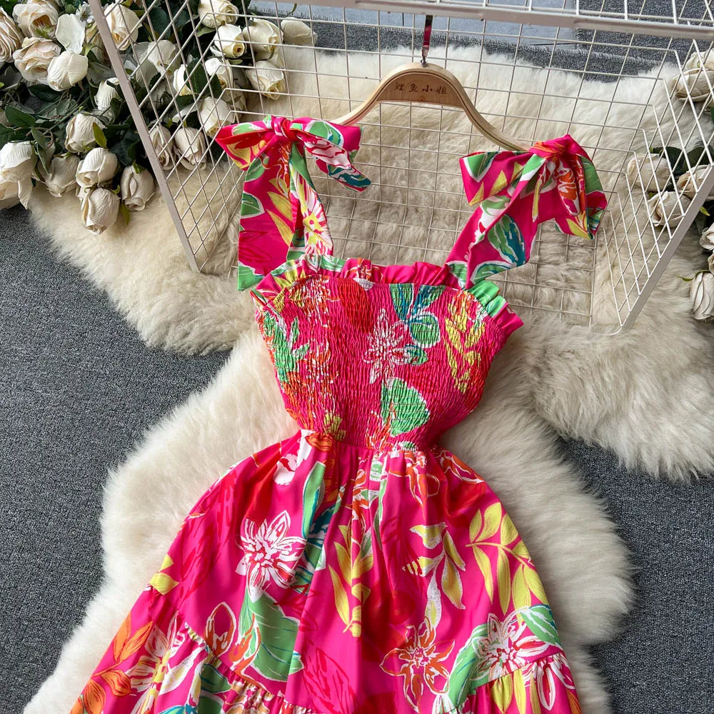 Summer Vacation Spaghetti Strap Floral Sundress – Sleeveless Ruched Backless Maxi Dress