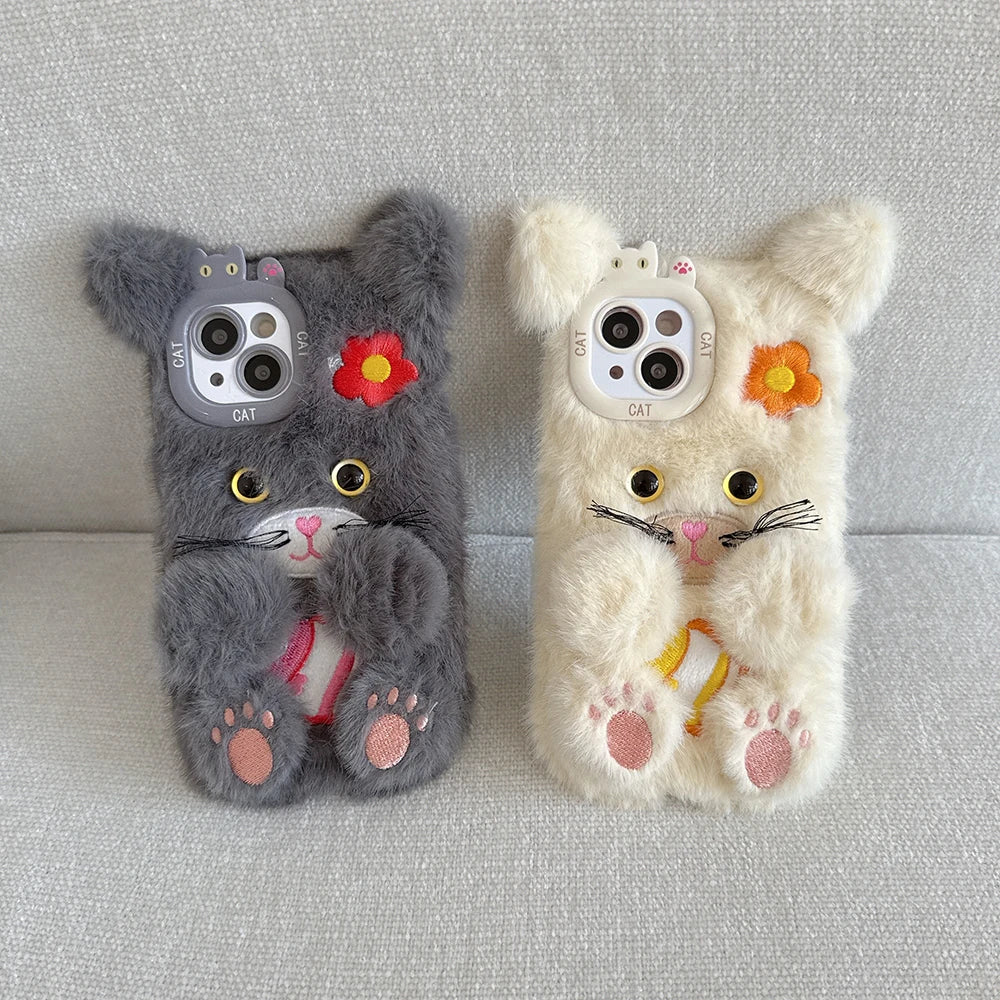 Funny Cat or Bear Furry Soft Plush Phone Case – For iPhone 11 to 16 Pro Max