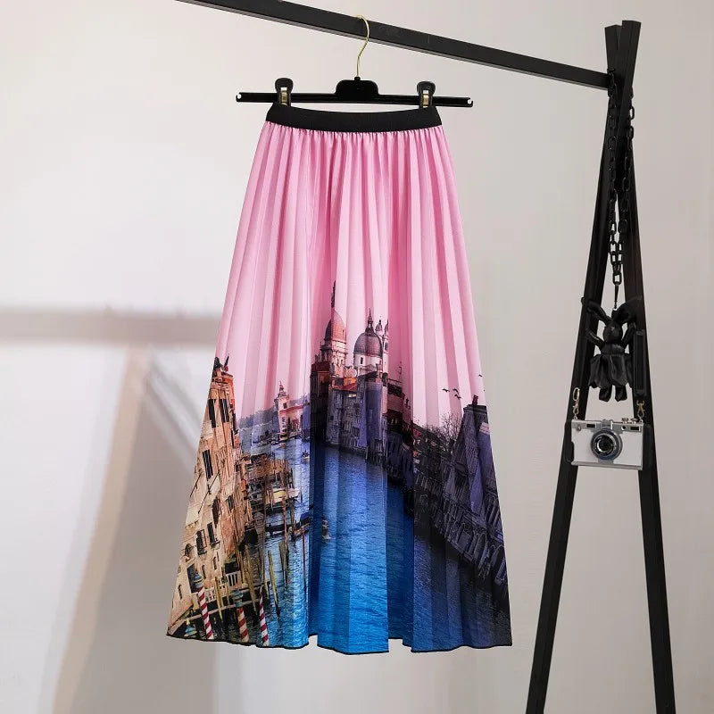 Women’s Cartoon Print Pleated Skirt – High Waist Big Swing Skirt
