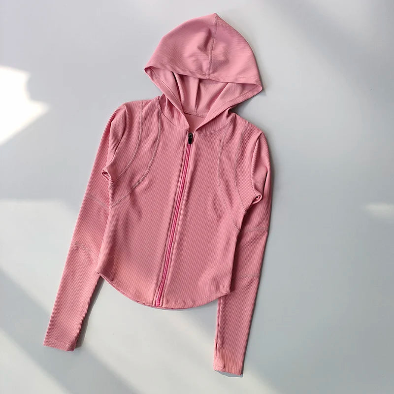 Women’s Slim Fit Hooded Jacket – Long Sleeve Sports Coat with Thumb Holes