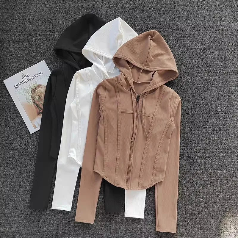 Women’s Cropped Hooded Sports Jacket – Zipper Long Sleeve Activewear